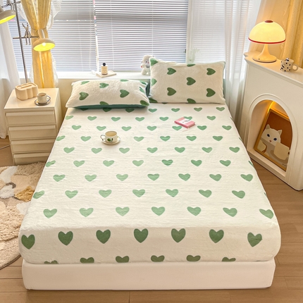 雅居纺家纺 2023新款高克重兔毛绒印花-单床笠 爱心-绿