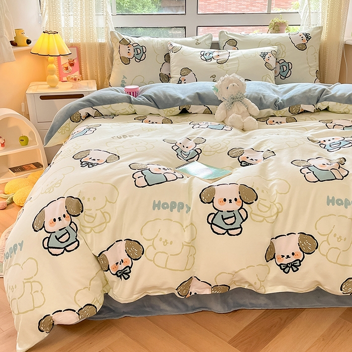 91家纺网 家纺一手货源 找家纺 麦伦家居 2023秋冬新品多功能床品全棉加牛奶绒四件套 哈皮狗