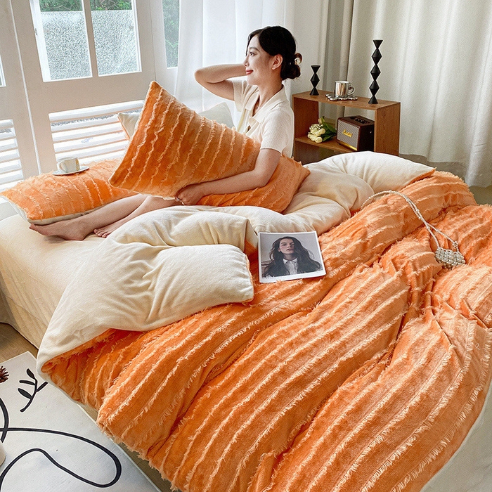 91家纺网 家纺一手货源 找家纺 吾诺家居 2023新款保暖流苏绒牛奶绒四件套 流苏橙色