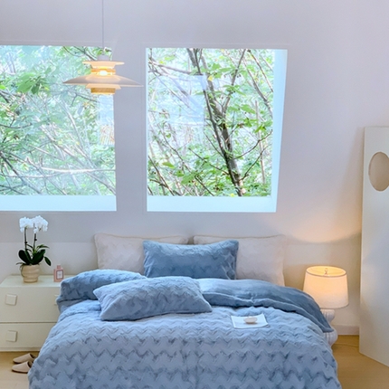 昔可家纺 2023兔兔绒四件套 蓝波纹