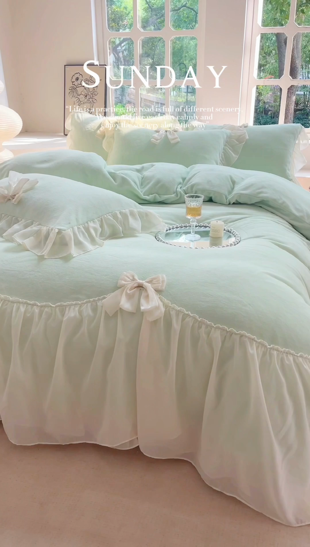 91家纺网 家纺一手货源 找家纺 艺玲家纺 2023新款甜心高克重牛奶绒雪纺花边蝴蝶结系列四件套 牛奶绒甜心绿