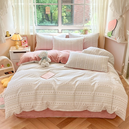 麦伦家居 2023秋冬新品多功能床品全棉加牛奶绒四件套 樱桃花粉