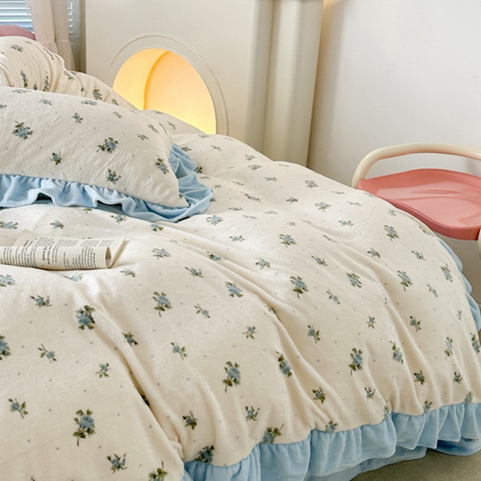 91家纺网 家纺一手货源 找家纺 昔可家纺 2023新款花边款牛奶绒四件套 西西里碎花