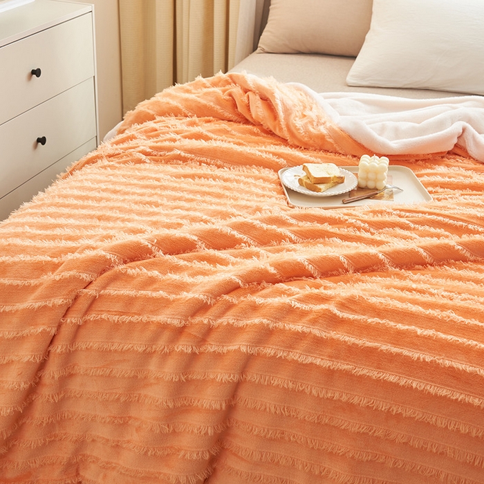 91家纺网 家纺一手货源 找家纺 吾诺家居 2023新款流苏绒双层多功能毯 桔色流苏毯