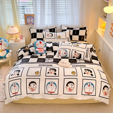 桃子家居 2023新款正版哆啦A梦叮当猫授权卡通加厚牛奶绒系列四件套 绒哆啦A梦-棋盘格叮当黑白