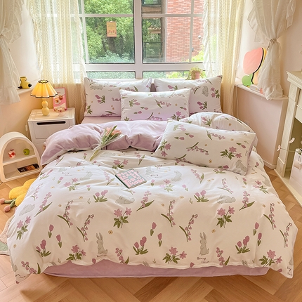 91家纺网 家纺一手货源 找家纺 麦伦家居 2023秋冬新品多功能床品全棉加牛奶绒四件套 紫铃花
