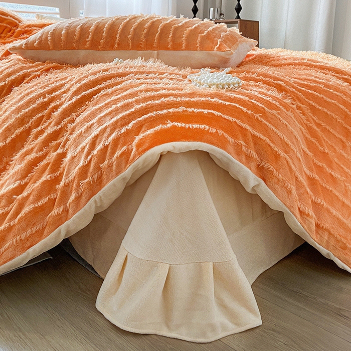 91家纺网 家纺一手货源 找家纺 吾诺家居 2023新款保暖流苏绒牛奶绒四件套 流苏橙色