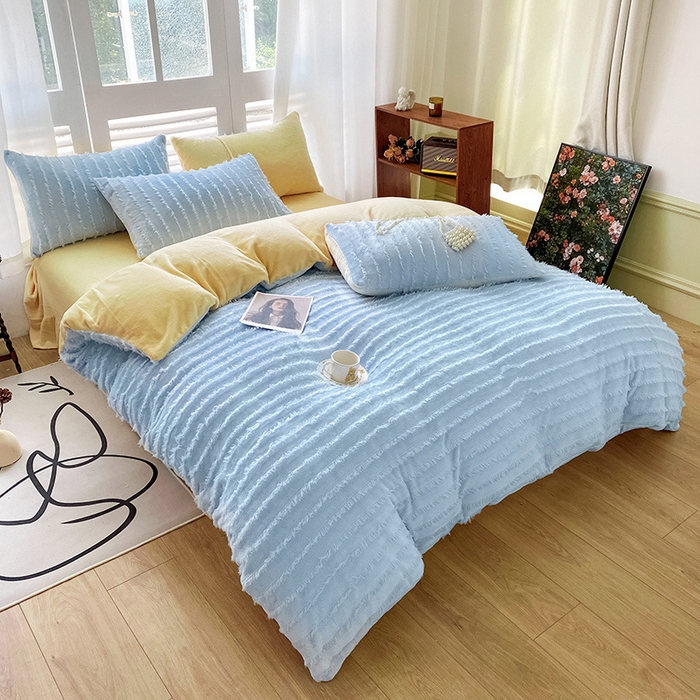 91家纺网 家纺一手货源 找家纺 吾诺家居 2023新款保暖流苏绒牛奶绒四件套 流苏浅蓝