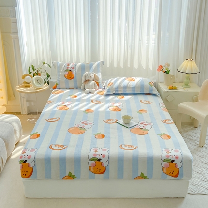 91家纺网 家纺一手货源 找家纺 康纳利 2024新款加厚印花牛奶绒床笠纯色牛奶绒床笠单床笠 橘子兔