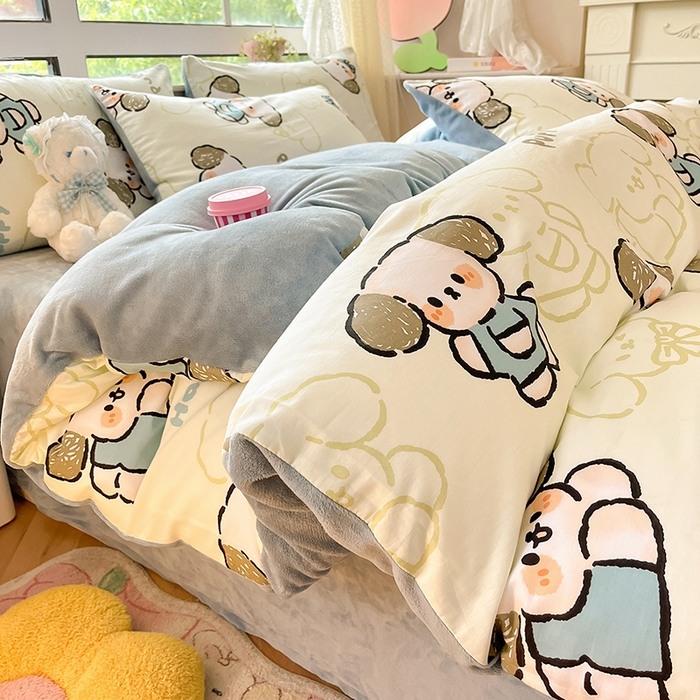 91家纺网 家纺一手货源 找家纺 麦伦家居 2023秋冬新品多功能床品全棉加牛奶绒四件套 哈皮狗