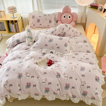 昔可家纺 2023新款花边款牛奶绒四件套 萌萌粉底郁金香兔
