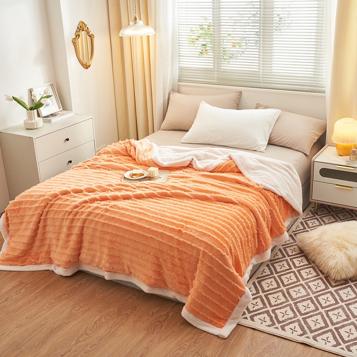 91家纺网 家纺一手货源 找家纺 吾诺家居 2023新款流苏绒双层多功能毯 桔色流苏毯