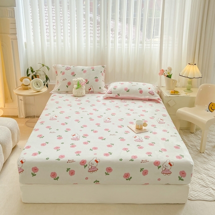 91家纺网 家纺一手货源 找家纺 康纳利 2024新款加厚印花牛奶绒床笠纯色牛奶绒床笠单床笠 小花兔子