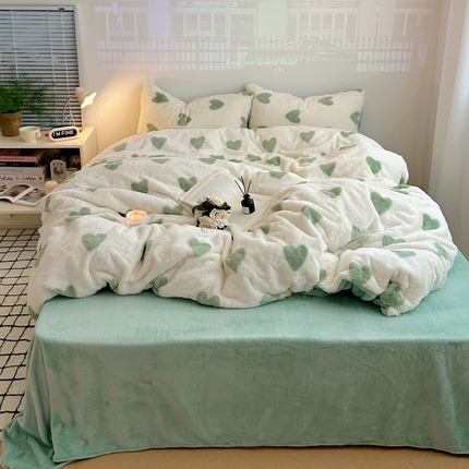 雅居纺家纺 2023新款兔毛印花牛奶绒四件套 爱心-绿