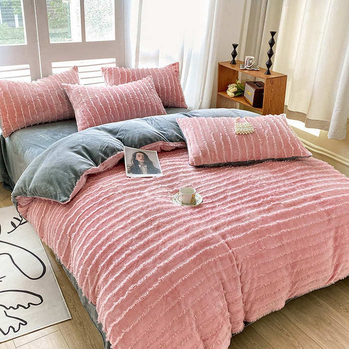 91家纺网 家纺一手货源 找家纺 吾诺家居 2023新款保暖流苏绒牛奶绒四件套 流苏豆沙