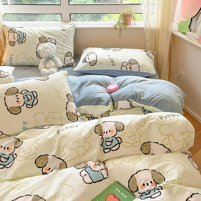 91家纺网 家纺一手货源 找家纺 麦伦家居 2023秋冬新品多功能床品全棉加牛奶绒四件套 哈皮狗