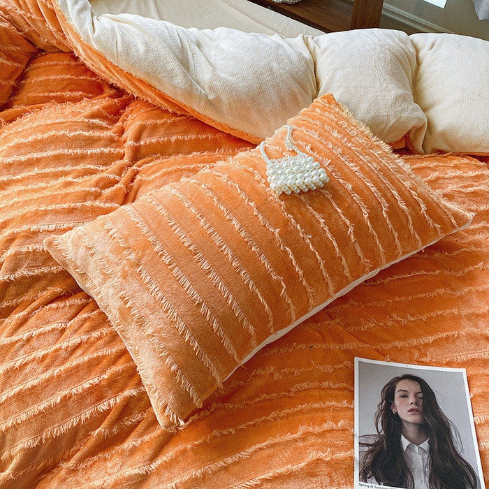 91家纺网 家纺一手货源 找家纺 吾诺家居 2023新款保暖流苏绒牛奶绒四件套 流苏橙色