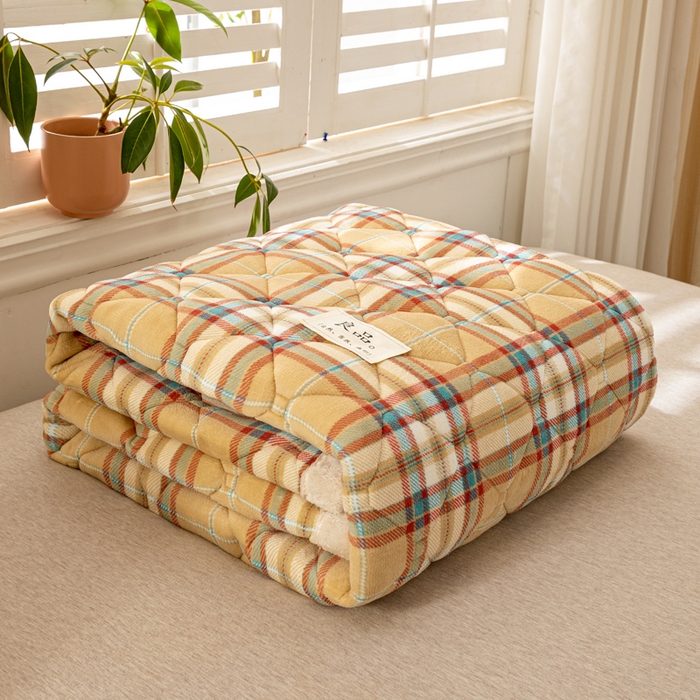 91家纺网 家纺一手货源 找家纺 慕木家纺 2025新款A类牛奶绒纯色印花加厚保暖床垫护垫床褥子 黄蓝格