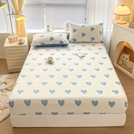 雅居纺家纺 2023新款高克重兔毛绒印花-单床笠 爱心-蓝