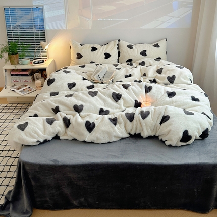 雅居纺家纺 2023新款兔毛印花牛奶绒四件套 爱心-灰