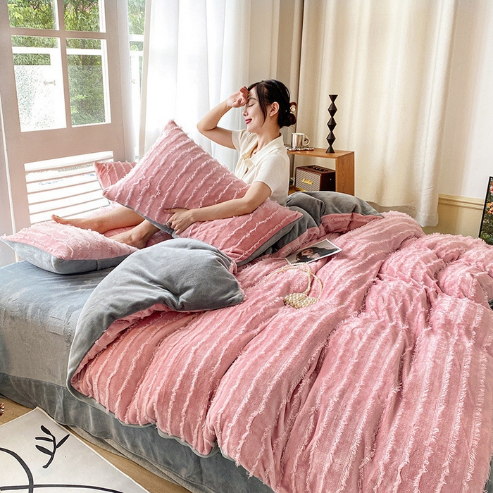 91家纺网 家纺一手货源 找家纺 吾诺家居 2023新款保暖流苏绒牛奶绒四件套 流苏豆沙