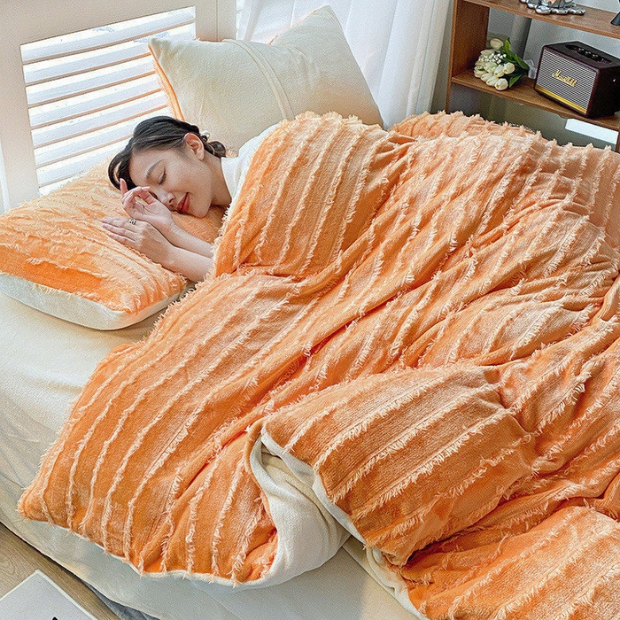 91家纺网 家纺一手货源 找家纺 吾诺家居 2023新款保暖流苏绒牛奶绒四件套 流苏橙色