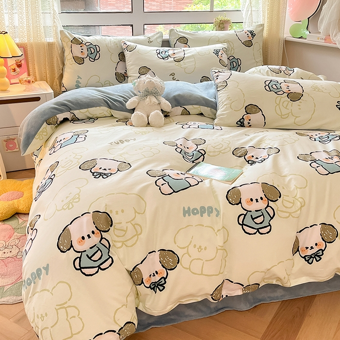 91家纺网 家纺一手货源 找家纺 麦伦家居 2023秋冬新品多功能床品全棉加牛奶绒四件套 哈皮狗