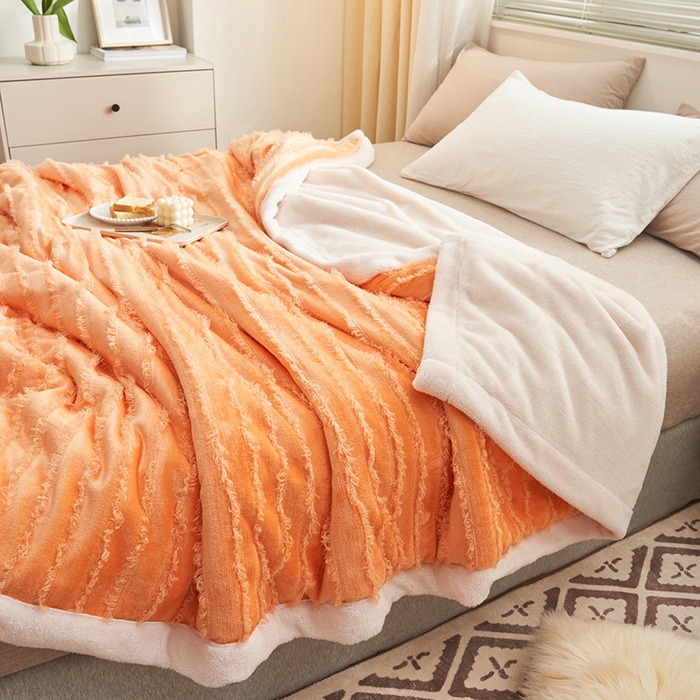 91家纺网 家纺一手货源 找家纺 吾诺家居 2023新款流苏绒双层多功能毯 桔色流苏毯