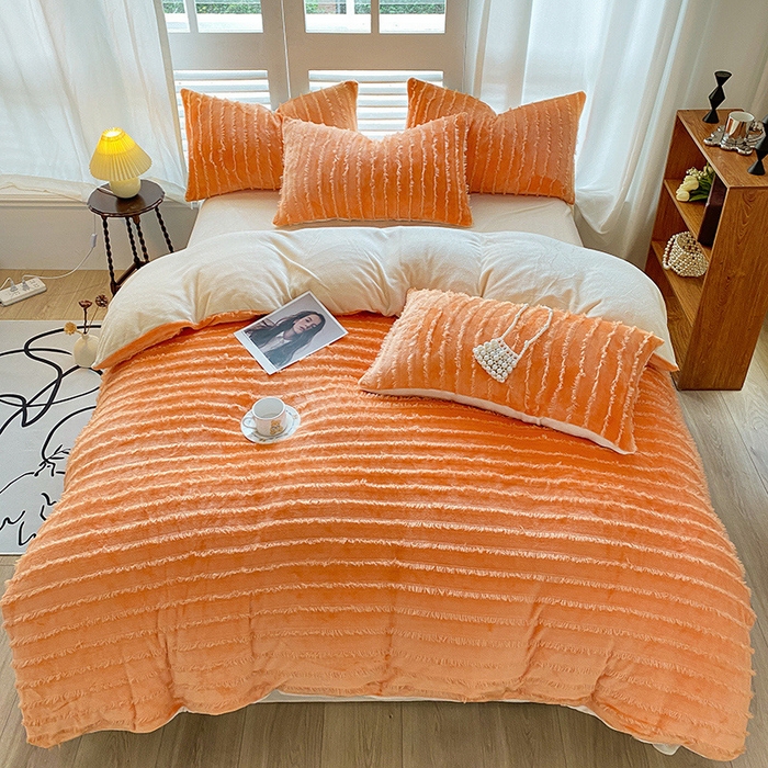 91家纺网 家纺一手货源 找家纺 吾诺家居 2023新款保暖流苏绒牛奶绒四件套 流苏橙色