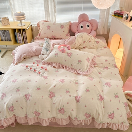 昔可家纺 2023新款花边款牛奶绒四件套 午后茶花