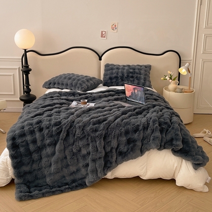 寐眠 2024新款托斯卡纳兔毛绒加厚双层毯 墨灰