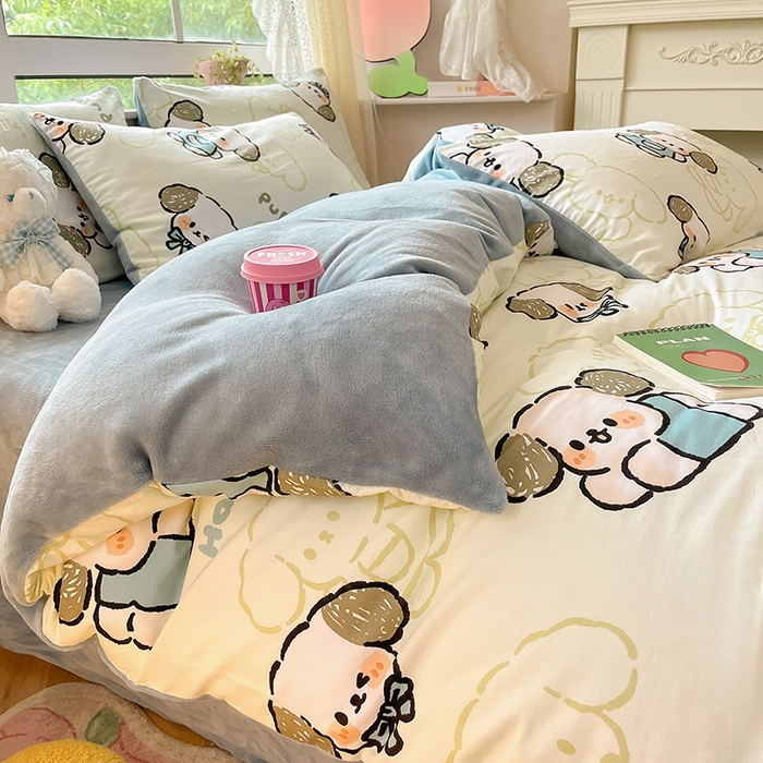 91家纺网 家纺一手货源 找家纺 麦伦家居 2023秋冬新品多功能床品全棉加牛奶绒四件套 哈皮狗