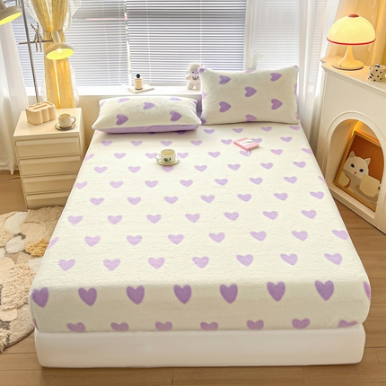 91家纺网 家纺一手货源 找家纺 雅居纺家纺 2023新款高克重兔毛绒印花-单床笠 爱心-紫