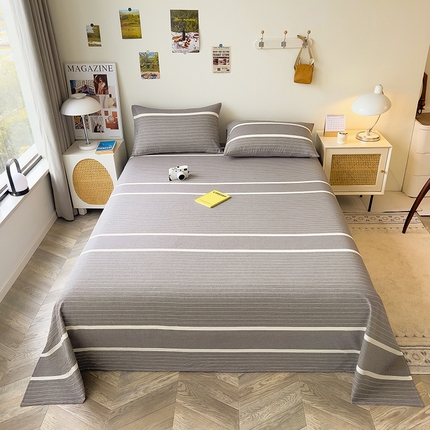 91家纺网 家纺一手货源 找家纺 芃成家纺 2023新款全棉水洗棉床单 灰中条