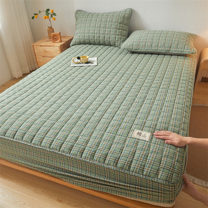 91家纺网 家纺一手货源 找家纺 多谷家纺 2023新款纯棉色织水洗棉大豆夹棉床笠 云熙绿