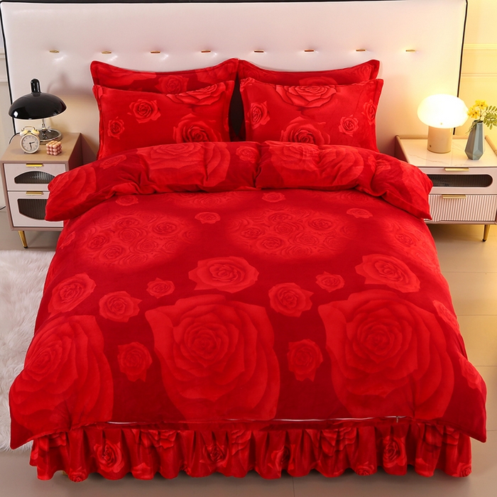 91家纺网 家纺一手货源 找家纺 爱洛 2023新款高克重印花牛奶绒四件套金貂绒四件套 大红玫瑰