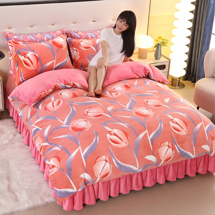 91家纺网 家纺一手货源 找家纺 爱洛 2023新款高克重印花牛奶绒四件套金貂绒四件套 郁金香