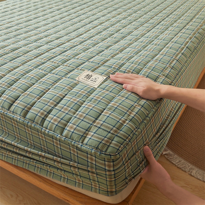 91家纺网 家纺一手货源 找家纺 多谷家纺 2023新款纯棉色织水洗棉大豆夹棉床笠 云熙绿