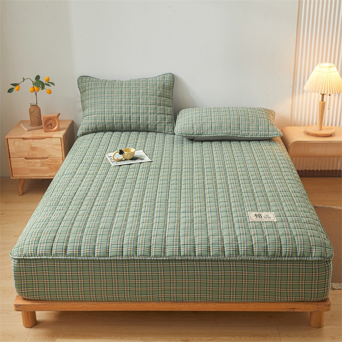 91家纺网 家纺一手货源 找家纺 多谷家纺 2023新款纯棉色织水洗棉大豆夹棉床笠 云熙绿