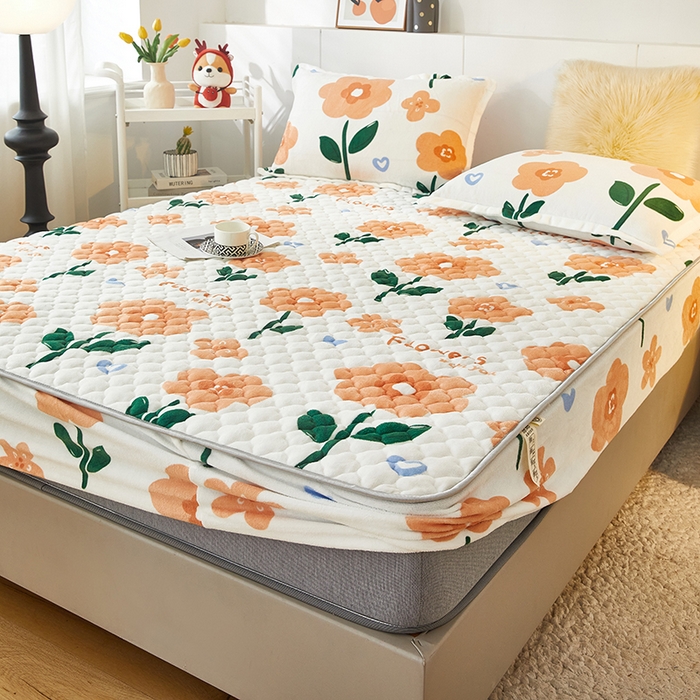 91家纺网 家纺一手货源 找家纺 米柳家纺 2023直播爆款牛奶绒夹棉床笠 浪漫花语