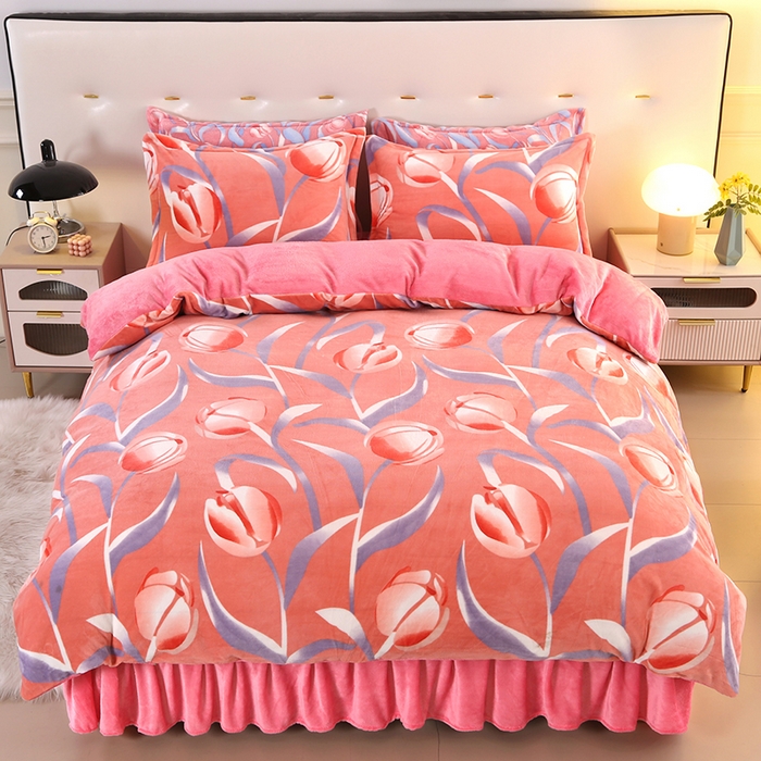 91家纺网 家纺一手货源 找家纺 爱洛 2023新款高克重印花牛奶绒四件套金貂绒四件套 郁金香