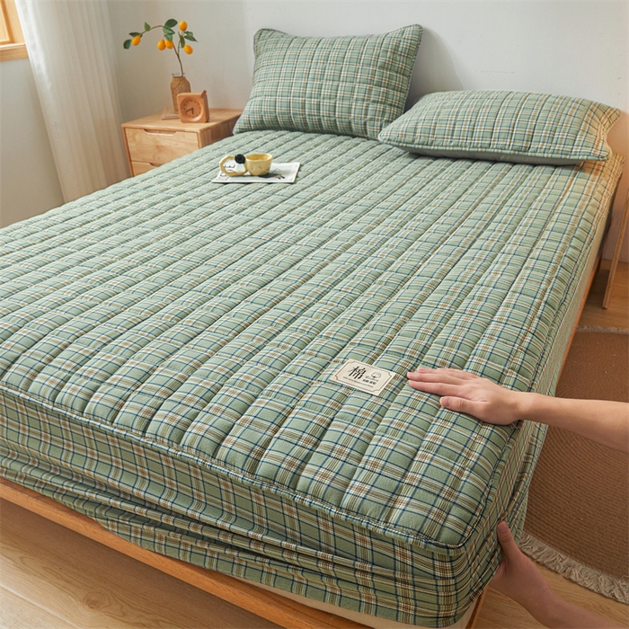 91家纺网 家纺一手货源 找家纺 多谷家纺 2023新款纯棉色织水洗棉大豆夹棉床笠 云熙绿