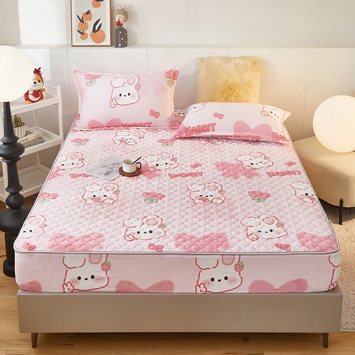 91家纺网 家纺一手货源 找家纺 米柳家纺 2023直播爆款牛奶绒夹棉床笠 可爱兔