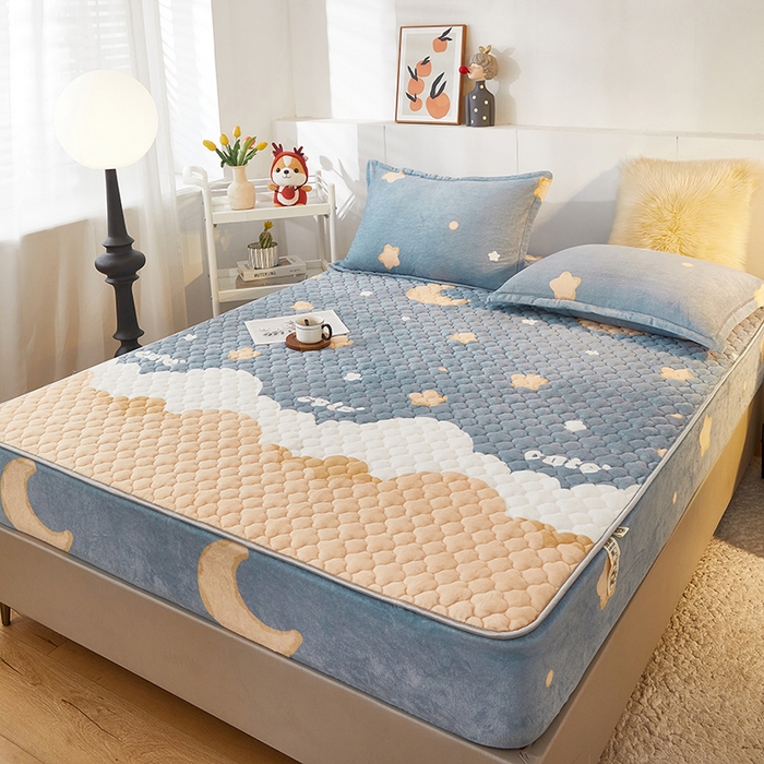 91家纺网 家纺一手货源 找家纺 米柳家纺 2023直播爆款牛奶绒夹棉床笠 星空