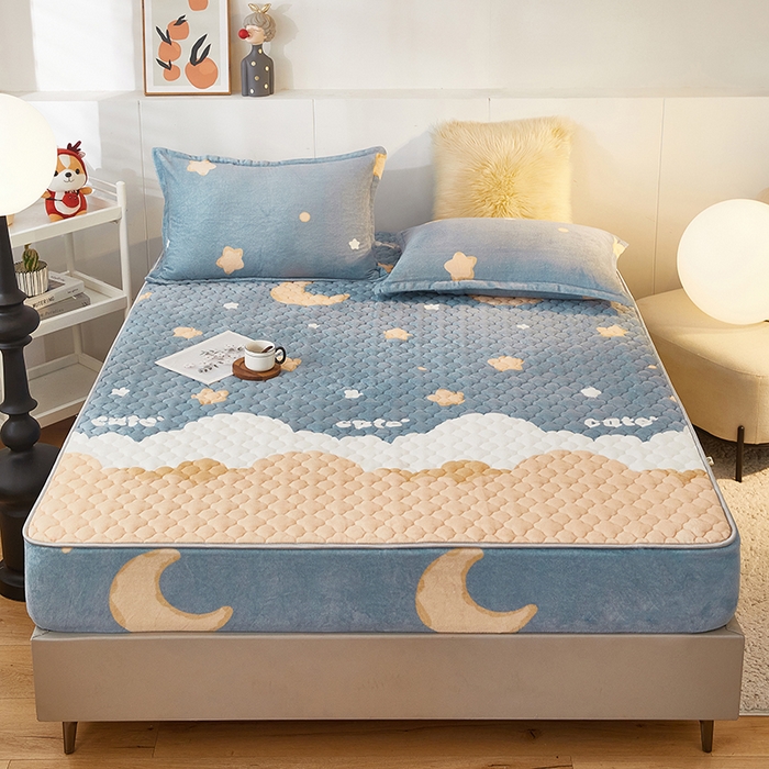 91家纺网 家纺一手货源 找家纺 米柳家纺 2023直播爆款牛奶绒夹棉床笠 星空