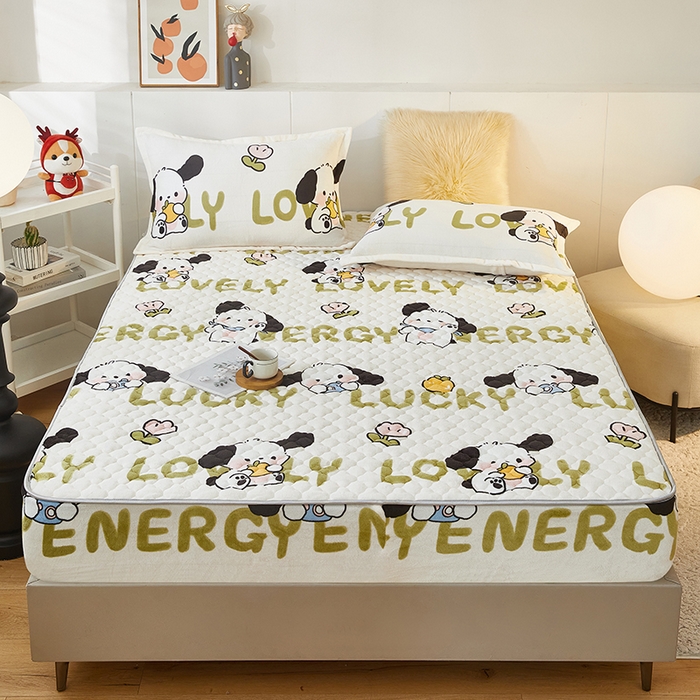 91家纺网 家纺一手货源 找家纺 米柳家纺 2023直播爆款牛奶绒夹棉床笠 欢乐狗狗