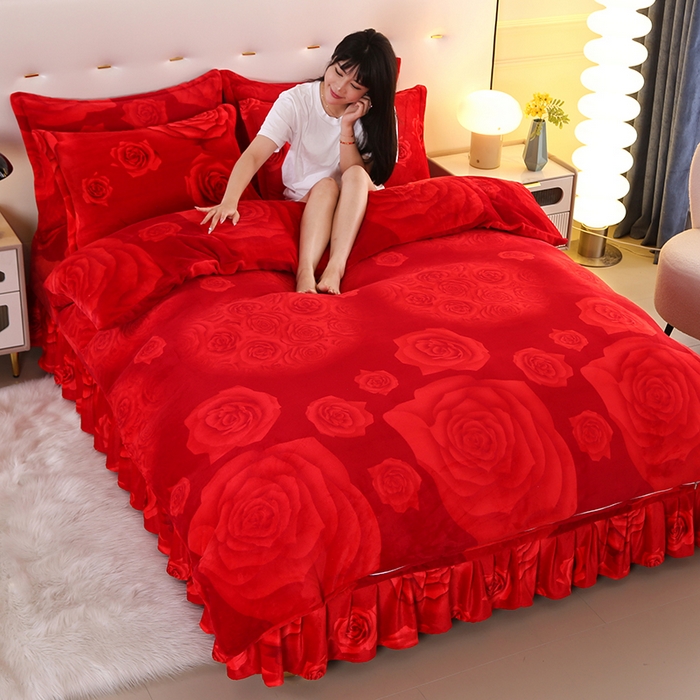 91家纺网 家纺一手货源 找家纺 爱洛 2023新款高克重印花牛奶绒四件套金貂绒四件套 大红玫瑰
