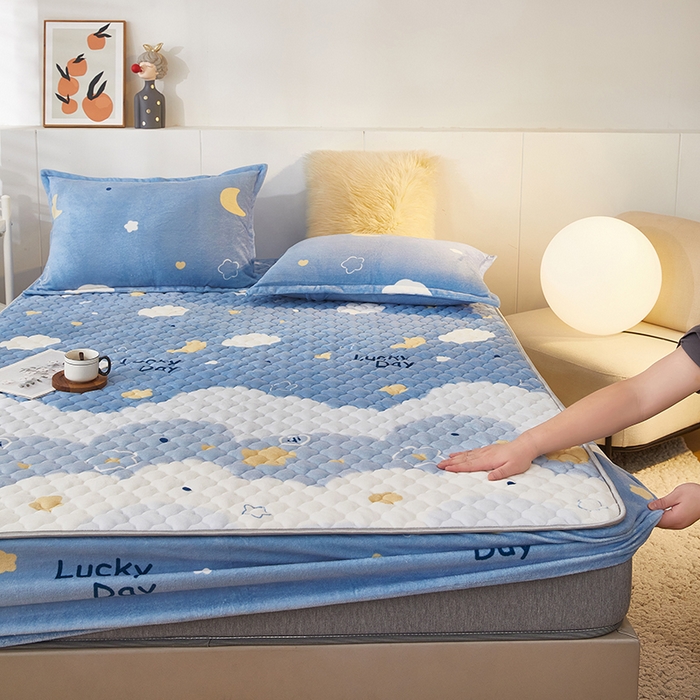 91家纺网 家纺一手货源 找家纺 米柳家纺 2023直播爆款牛奶绒夹棉床笠 云海