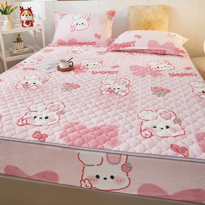 91家纺网 家纺一手货源 找家纺 米柳家纺 2023直播爆款牛奶绒夹棉床笠 可爱兔