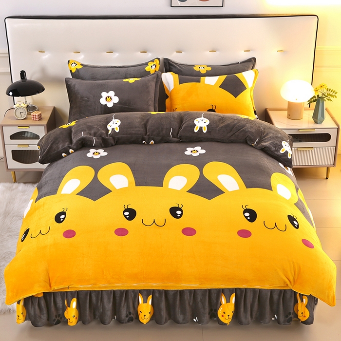 91家纺网 家纺一手货源 找家纺 爱洛 2023新款高克重印花牛奶绒四件套金貂绒四件套 萌萌兔